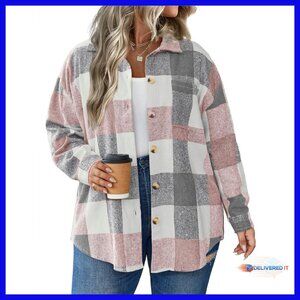 Plus Size Plaid Flannel Shacket Button Down Long Sleeve Jacket